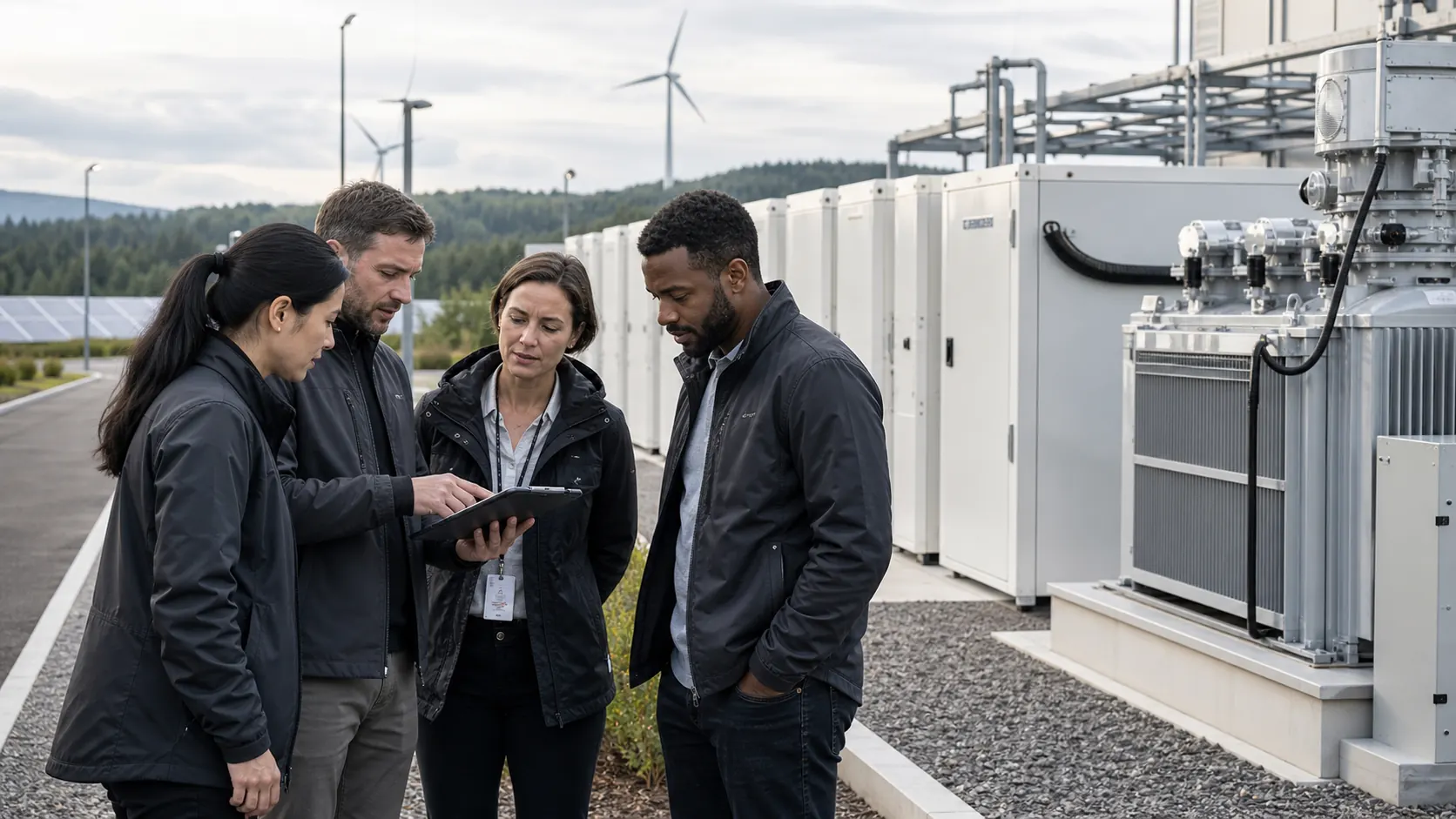 Power infrastructure engineers working at an energy site